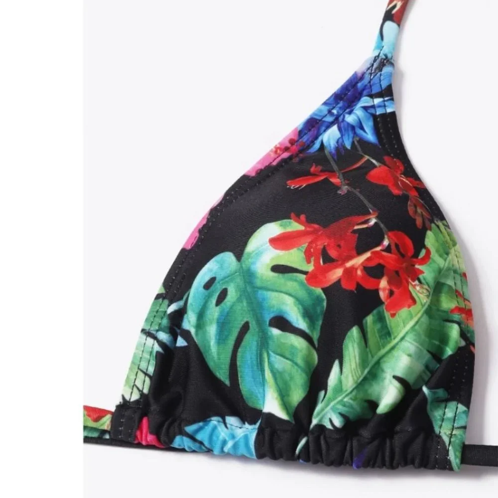 Tropical halter thong bikini swimsuit, Summer, Floral.